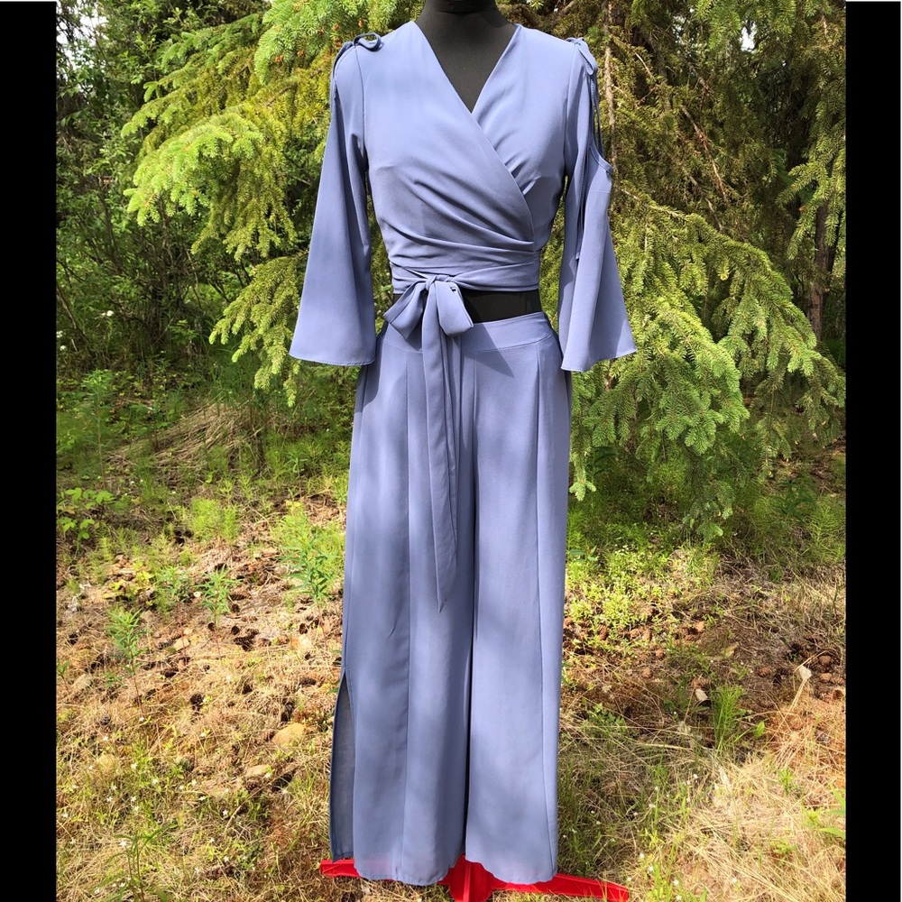 NEW Slate Blue Chiffon Wrap Tie Top Slit Leg Loose Pant Cold Shoulder Set XS/S